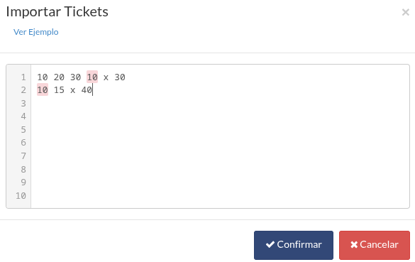 Ejemplo de importación de tickets con números repetidos resaltados