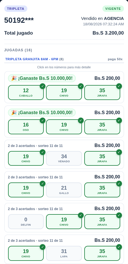 Ticket digital de tripleta después